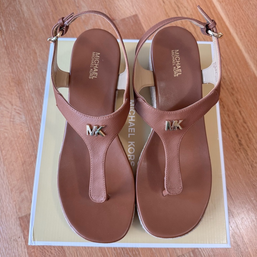 Michael Kors Brown Leather Espadrille Wedge Sandals with Gold Logo - Picture 4 of 9